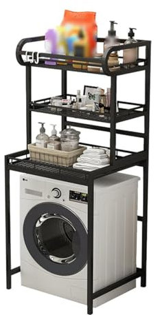 Over The Washer and Dryer Storage Shelf 3-stufiger Ständer für die Waschmaschine, platzsparender mehrstufiger Ständer für das Badezimmer mit Korb, Haken und Trockenstangen WEWYQSJXBXF-4122(Color:B