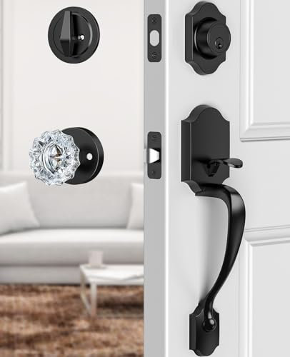 Calzibeno Black Front Door Handle and Deadbolt Set, Front Door Lock Set with Crystal Glass Door Knob, Entry Door Lock Set with Single Cylinder, Reversible for Right & Left, Matte Black