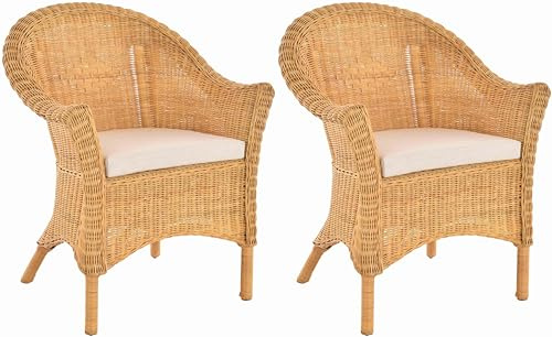Krines Home Set/2 Rattansessel Primavera breiter Flechtsessel mit Armlehne Lounge Wintergarten Sessel Natur Rattan Korbsessel (Honig)