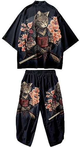 DOSLAVIDA Ensemble de veste kimono japonaise pour hommes, veste élégante ouverte sur le devant avec short, cardigan imprimé de style chinois