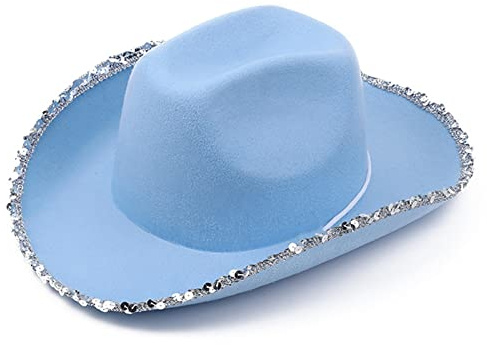 Vintage Cowgirl Filt Hatt med Böjda Paljetter Brätte för Män och Damer - Party Topp Hätta Cosplay - Blå