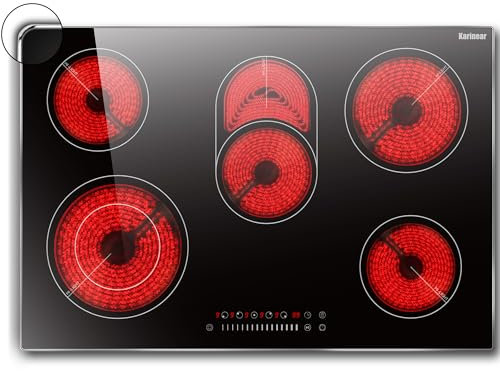 Karinear Piano Cottura Elettrico 5 Fuochi con Telaio, 77cm Piano Cottura Vetroceramica Incasso con Flessble Zone, 8400W Piastra con Blocco di Sicurezza, Timer, Pause, Controllo a Scorrimento, 220-240V