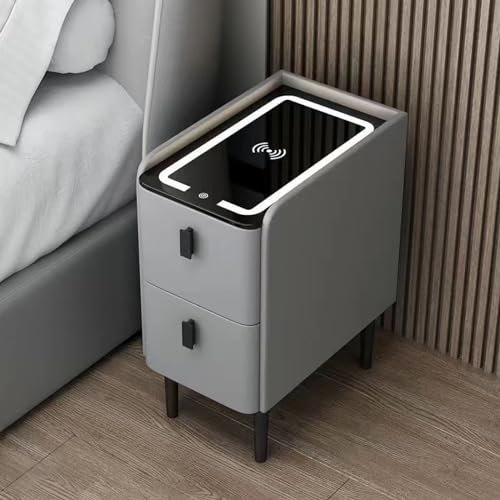Wireless Charging Smart Bedside Table with Lights | Modern Narrow Nightstand with 2 Drawers for Home Gadgets | Tech-Savvy Nightstand