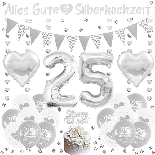 Xietaea Silberhochzeit Deko Silber Luftballons - 40 Stück 25 Jubiläum Dekoration Set mit Ballons Girlande, Zahl 25 Luftballon und Tortendeko, Innen Außen 25 Hochzeitstag Dekorationen