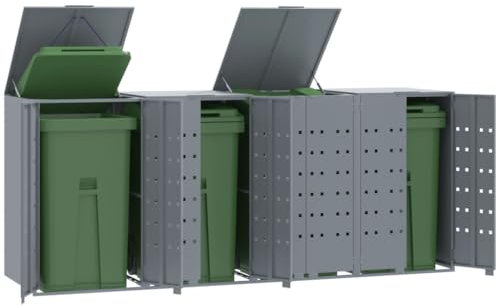 KOIECETA Mülltonnenbox für 4 Tonnen Grau 276x79x117 cm Mülltonnenverkleidung Müllbox Mülltonne Müllcontainer Gartenbox Gerätebox Mülltonnenschrank Stahl
