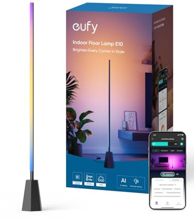 eufy Zimmer-Stehlampe E10, RGBWW LED, Smarte Stehlampe für Wohn- und Schlafzimmer, 16 Mio. Farben, 1700 Lumen, Kompatibel mit Google, Endlose KI-Lichtthemen, App-Steuerung, Musikmodus, Schwarz