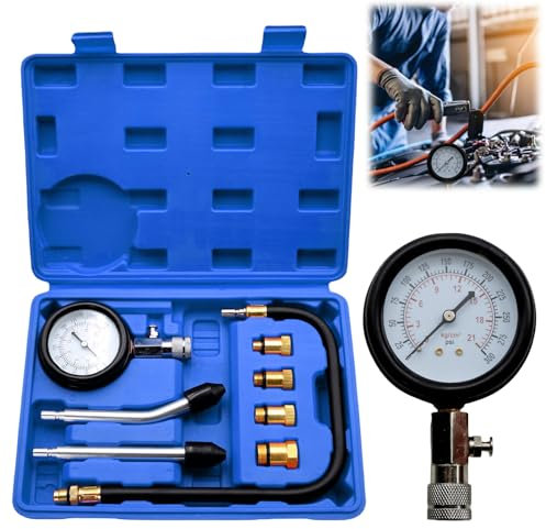 Kompressionstester, Kompressionsprüfer Kompressionsmesser Benzin mit Zündkerzentester Manometer und 4 Adapter, 0-20 bar oder 0-300 psi Meßgerät Drucktester M10 M12 M14 M18 für KFZ LKW Auto(Blau)