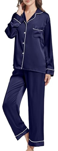 JCQIGOA Seta Donna Pigiama a Maniche Lunghe Set Pigiama Donna Lungo Set Pezzi Loungewear Pigiama da Notte Lungo Pigiama da Notte