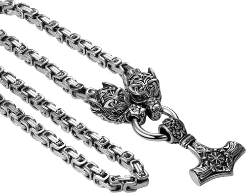 OIDEA Collar Martillo Thor Hombre: Gargantilla Vikingo Vintage con Cabeza de Lobo para Caballero Pirata Nórdico Amuletos Acero Inoxidable Hipoalergénico - Para Uso Diario Ocio Regalos
