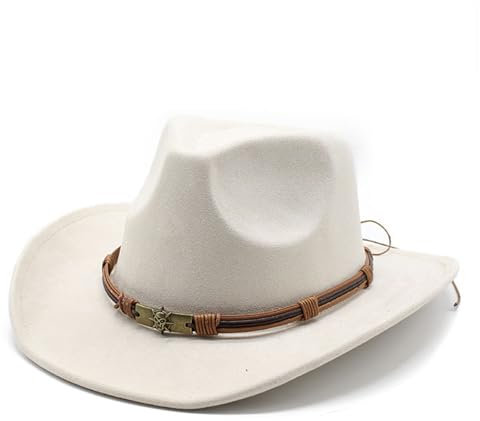 QOHNK Cowgirl-Hut, Wildleder, verzogen, Western-Cowboyhut für Damen und Herren, Outdoor-Reise, Rollkrempe, Filzhut, beige, Einheitsgröße