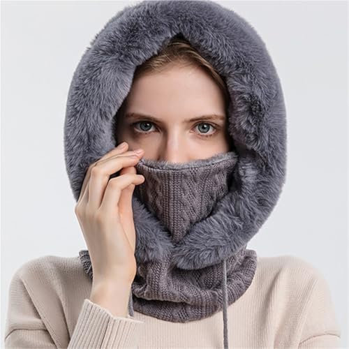 Kapuzenschal Damen Wintermütze, Maskenset, mit Kapuze, for Damen, gestrickt, Kaschmir, Hals, warme Sturmhaube, Ski, Winddichte Mütze, Dicker Plüsch, Flauschige Mützen, Kapuze(Grey)