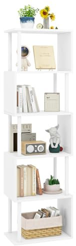 IBUYKE Libreria alta a 5/6 ripiani, libreria geometrica a forma di S, ripiani in legno con contenitore, libreria moderna per soggiorno, camera da letto, ufficio domestico, bianco WBC016W