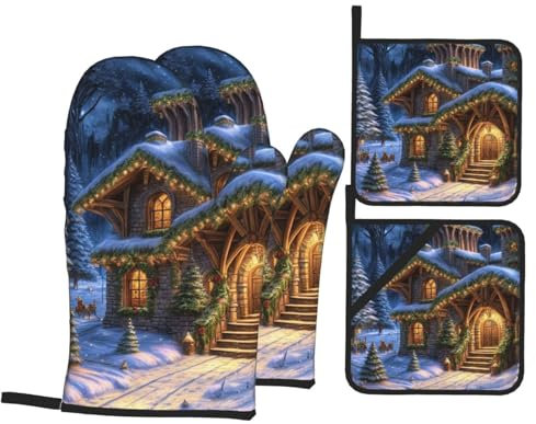 Ofenhandschuhe und Topflappen-Set, Weihnachtshaus, Schneeflocken, hitzebeständig, Küchen-Backhandschuhe, rutschfeste Oberfläche zum Kochen, Backen, Grillen, Grillen