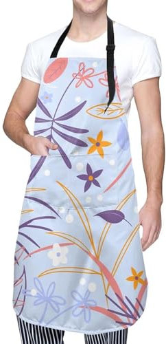 Delantal Cocinade Dibujo Animado con Hojas sobre Fondo Azul Trabajo Delantal Personalizado Delantal con Peto Cocinero Delantale, para Bar, Café