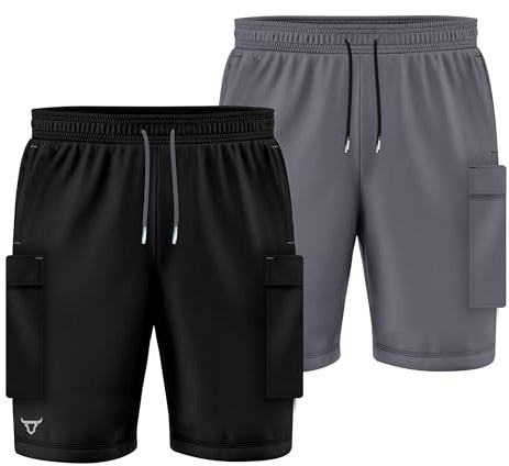 TORO ACTIVA 2 Packs Men's Athletic Cargo Shorts Breathable Quick Dry Fabric Drawstring Waist Velcro Cargo Pockets Reflective Logo