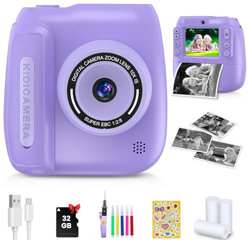 Kids Camera Instant Print, 2.4'' Instant Camera with 32GB Card & Photo Paper & Sticker, 1080P HD Video, Instant Print Cameras for Kid, Christmas Birthday Gifts for 3-12 Year Olds Girls Boys, Purple