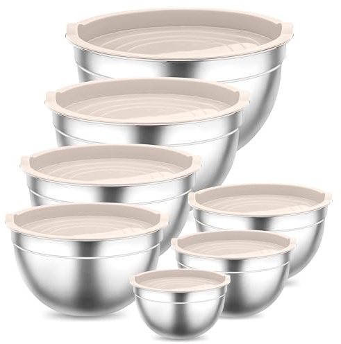 Onader blandningsskålsset, rostfritt stål skål salladsskål set om 7 med lufttätt lock, stapelbar & diskmaskinssäker, 6,5 l/4,5 l/3 l/2,5 l/1,5 l/1,2 l/0,7 l – khaki