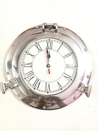 Chrome Finish Maritime Clock with Roman Numerals 12 – Nautical Porthole Wall Clock – Coastal Beach House Decor – Best For Home & Office Decor