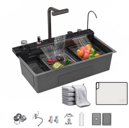 Noir Évier de cuisine 1 baignoire multifonctionnelle, évier de cuisine moderne en acier inoxydable, avec composant de drainage, planche à découper, laves, distributeur de savon (Gris, 80x45x22cm)