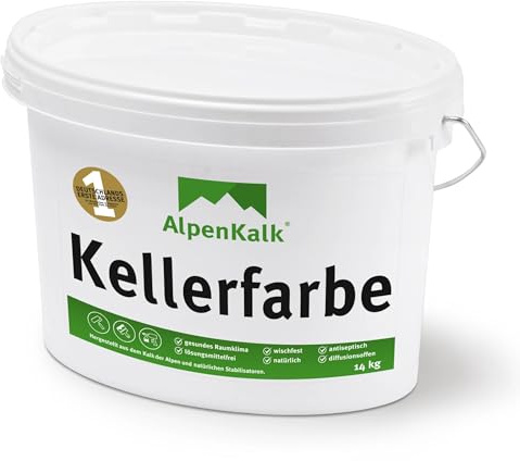 AlpenKalk Weiße Kellerfarbe I 14 kg für ca. 70m² I Hochdeckende & wischfeste Kalkfarbe I Atmungsaktiv & Anti-Schimmel Formel für ein natürliches Raumklima I Perfekt für Keller & feuchte Innenräume