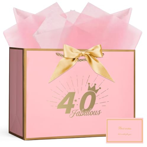 AOOSU Geschenktüte 40 Geburtstag, Papier Geschenktüten mit Schleife + 1 Grußkarten +3 Seidenpapier, Rosa Geschenktaschen Frauen 40th Birthday Gift Bag, Papiertüten mit Henkel für Damen, Mädchen