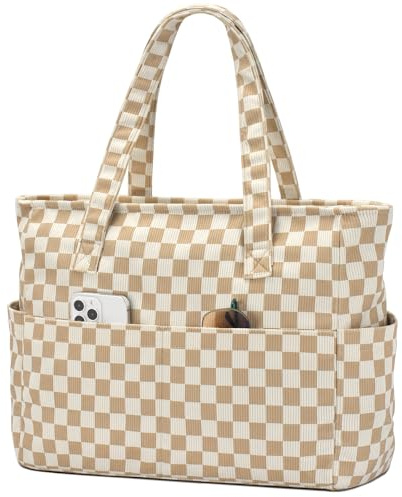 oscaurt Strandväska stor, 9 fickor strandväska XXL familj med dragkedja, shopper-väska damer bärväska vattentät resväska badväska simväska, Cord-khaki pläd, 45 cm x 33 cm x 16 cm