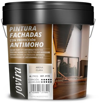 JOVIRA PINTURAS PINTURA FACHADAS ANTIMOHO. Repelente al agua, impermeable y anti fisuras. (4 Litros, Arena Clara)