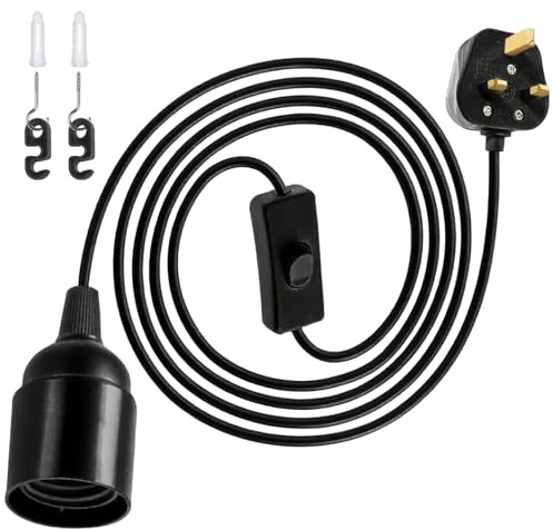 E27 Plug in Pendant Light, 1.8m(5.9ft) Lamp Cable, 2 Core Cable Plug with On/Off Switch with 13A Fuse Plug in Ceiling Light, Pendant Light Ceiling Lighting Fitting for Creating an Atmosphere, Black