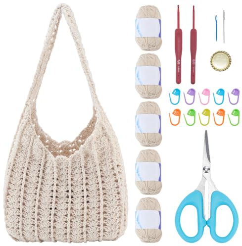 ORIGACH DIY Hobo Taschen Häkelset Für Anfänger Und Erwachsene, Beige | Häkel Schultertaschen Starterset Inklusive Garn Haken Anweisung Videoanleitungen