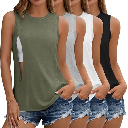 JoyMotion 4 Pack Women's Nursing Tank Tops for Breastfeeding Hidden Zippers Sleeveless Nursing Shirts Loose Maternity Tops(Gray Green, Gray, White, Black,Medium)