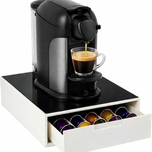 Cecaro Group – Porta Capsule in Bambù con Cassetto - Colore bianco neutro con piano in vetro nero 30 × 30 × 10 cm