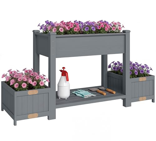 Outsunny Letto per Orto Rialzato con 2 Vasi Laterali Pieghevoli e Ripiano, Fioriera Rialzata da Esterno in Abete con Fori di Drenaggio, per Fiori Verdure, 149x46x76cm, Grigio
