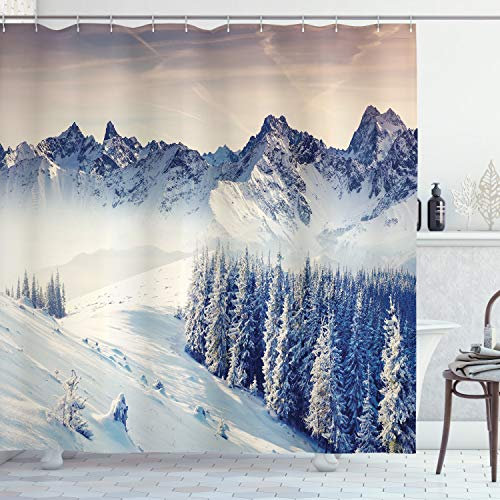 ABAKUHAUS Schwarz-Weiss Duschvorhang, Snowy-Winter-Ansicht, Stoffliches Gewebe Badezimmerdekorationsset mit Haken, 175 x 220 cm, Blau grau Weiß Grau
