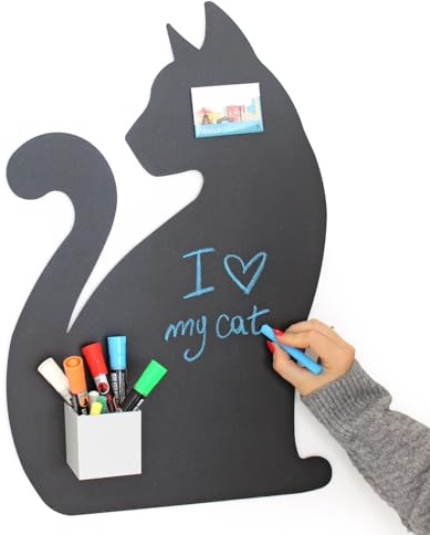 KalaMitica - Magnettafel, Kreidetafel, magnetische Wandtafel aus Stahl - Beschreibbare Pinnwand für Magnete, Notizen und Dekoration - Katze 2, 56x38 cm, Schwarz Anthrazit