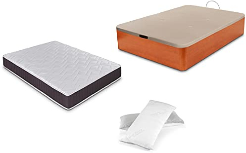 DORMIDAN - Pack de canapé abatible de Gran Capacidad + colchón viscoelástico + Almohada visco Copos de Regalo (150_x_190_cm, Cerezo)