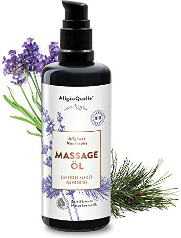 AllgäuQuelle® BIO Massageöl Allgäuer Nachtruhe mit 100% naturreinen ätherischen Ölen aus Lavendel, Zeder, Mandarine | pflegt den ganzen Körper mit Sesam, Jojoba, Avocado und Shea, 100ml