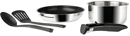 Batterie 5 pièces Inox - ARPEGE - 1 Casserole ø18 cm Inox, 1 Poêle ø24 cm revêtu + 1 Spatule Nylon, 1 Cuillère Nylon, 1 poignée Sitramovible - Tous feux DONT induction