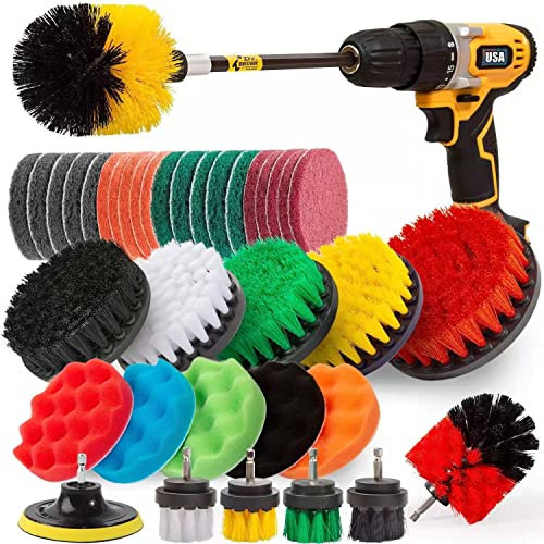 Drill Brush, Drill Brush Attachments Set, Scouring Pads, Scrub Pads & Sponge, Buffing Pads, Power Scrubber Brush Replaceable with Extend Attachment, Car Polishing Pad Kit (38pcs)