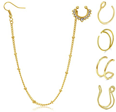 Briana Williams Fake Nasenring Gefälschte Septum mit Kette Ohrring Indische Halloween Non-Pierced Nase zu Ohr Kette Körperschmuck