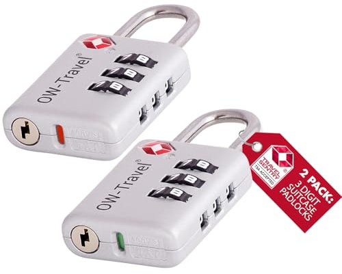OW-Travel Lucchetto Combinazione Aprire Alert Indicatore TSA per Valigie e Bagagli. Lucchetto con Combinazione per Armadietto Palestra. Serratura a Combinazione Argento 2 Pezzi