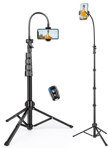 Phone Tripod, 85 Tall Tripod for iPhone with Remote, Gooseneck and Phone Holder, Overhead Phone Stand for Video Recording Watching Cooking Fitness Vlog, Compatible with iPhone Android, Black