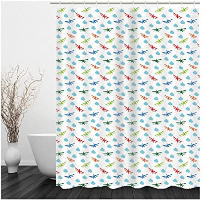 Whoiy Duschvorhang 90X180 Vintage, Duschvorhang Ecke Polyester Bath Curtains Spielzeugflugzeug Wolken Weiß Blau Rot Grün Waschbar Wasserdicht
