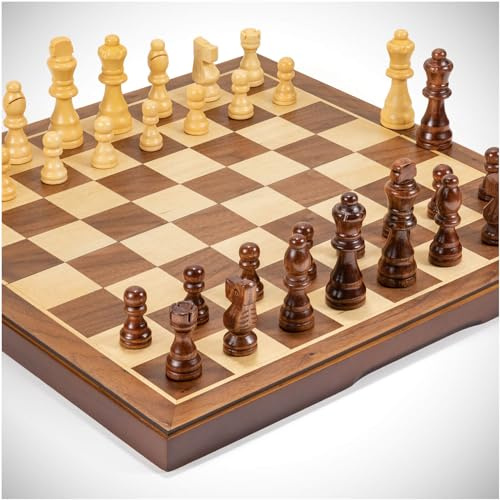 Chess Set Board Games for Adults: Handmade Walnut Wooden 15 2 Extra Queens Folding Portable Travel Chess Game, Gift idea, Pieces Storage Slots,Instructions