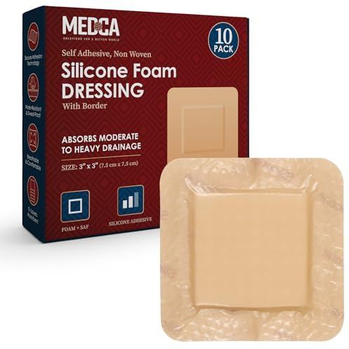MEDca Silikonschaumverband mit selbstklebendem Rand, 10,2 x 10,2 cm (10 Stück), wasserdichte Silikonverbände für Wunden, sehr saugfähiger Wundverband, Pflege für Dekubitus, Dekubitus und Geschwüre