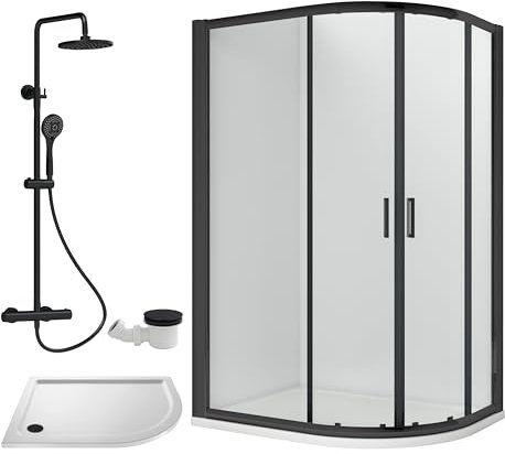 Balterley Offset Quadrant Shower Enclosure, Offset Quadrant Tray, Waste & Thermostatic Shower Kit, 6mm Toughened Safety Glass Door, Bar Handle Sliding Glass Door, Round Showerhead & Handset (Black)