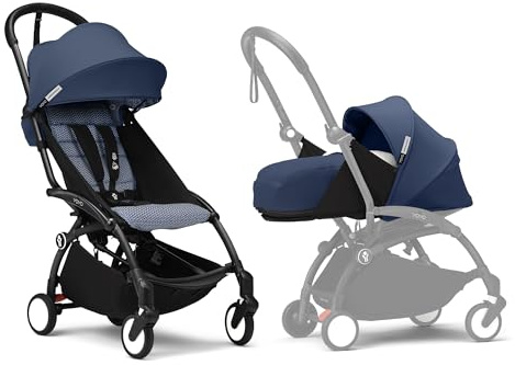 Stokke YOYO3 Kinderwagen mit Neugeborenen Set - Enthält schwarzen Rahmen, YOYO 6 + Textilset (Air France Blue) & 0 + Neugeborenen Set (Air France Blue)