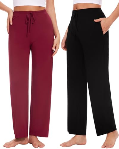 Knuffnee Damen Schlafanzughose Lang Pyjamahose Weiche Jogginghose Freizeithose mit Taschen 2 Pack Wide Wein Rot/Schwarz XL