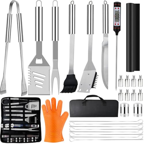 Kit Barbecue Professionale, 28 Pezzi Set Barbecue Accessori in Acciaio Inox, Attrezzi BBQ Utensili Cucina con Borsa per il Trasporto e Guanti, Regali Uomo per Campeggio, Picnic e Barbecue all'Aperto