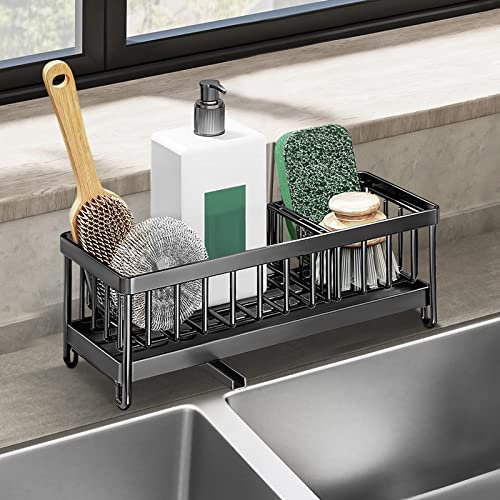 QCXWCJWD Organisateur Evier Cuisine, Rangement Eponge en Acier Inoxydable 304 avec Bac de Vidange Automatique, Rangement et Organisation de Cuisine pour éponge Brosse Liquide Vaisselle