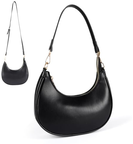 Camilife Halbmond Schultertasche für Damen, PU Leder, Reißverschluss, Retro-Design, Y2k Mode, Hobo Bag, 30 x 25 x 15 cm (Schwarz)